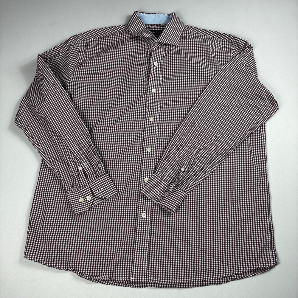 Nautica Men's Button Down Shirt Large 16 34/35 Burgundy Gingham Check Cotton